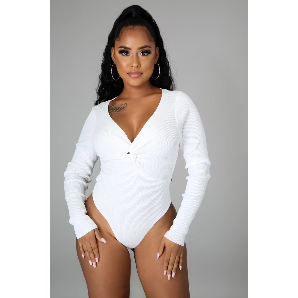 White Long Sleeve V Neck Bodysuit #1721